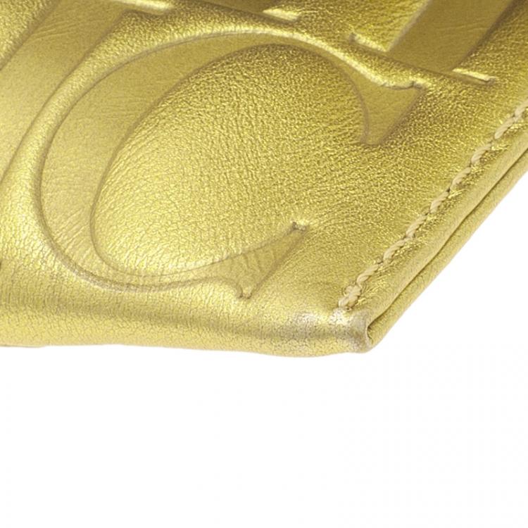 Pre Owned Carolina Herrera Gold Monogram Leather Tassel Clutch