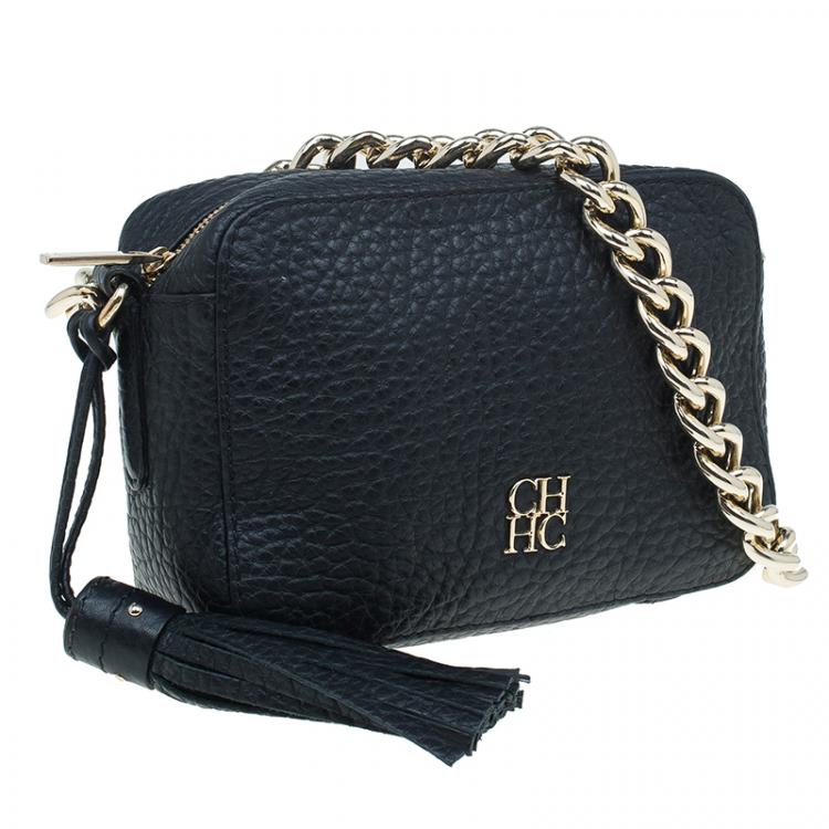 Pre Owned Carolina Herrera Black Pebbled Leather Mini Tassel Crossbody Bag