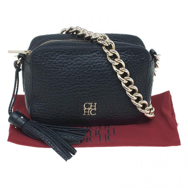 Pre Owned Carolina Herrera Black Pebbled Leather Mini Tassel Crossbody Bag