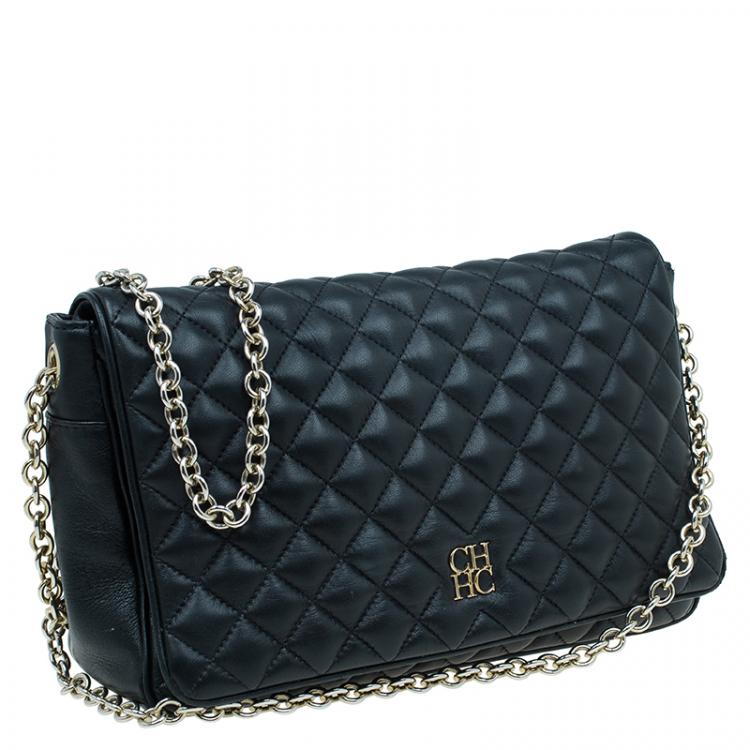 Pre Owned Carolina Herrera Black Quilted Leather Flap Bag