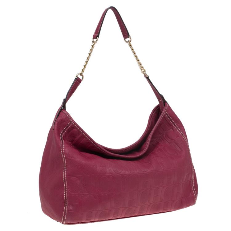 Pre Owned Carolina Herrera Magenta Monogram Leather Chain Hobo