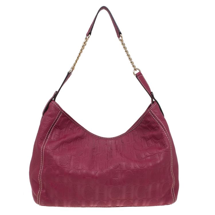 Pre Owned Carolina Herrera Magenta Monogram Leather Chain Hobo