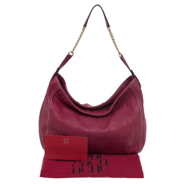 Pre Owned Carolina Herrera Magenta Monogram Leather Chain Hobo