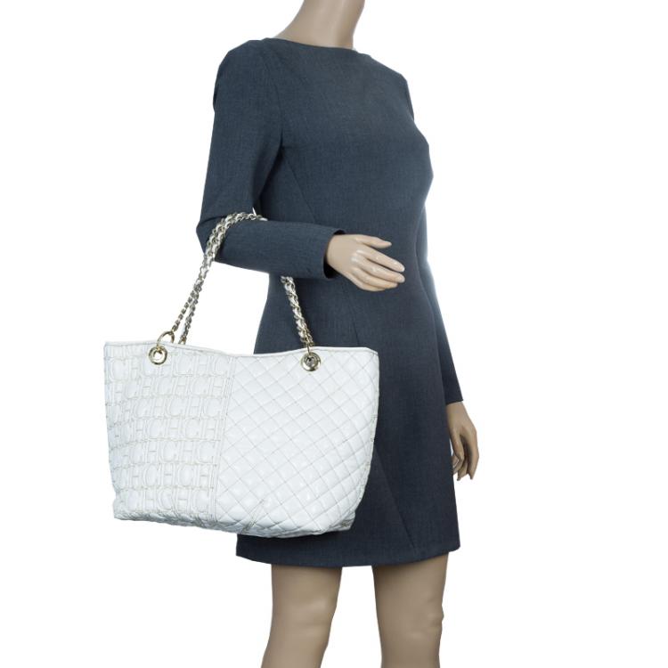 Pre Owned Carolina Herrera White Quilted Monogram Glazed Leather Large Tote
