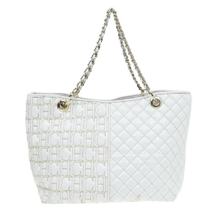 Pre Owned Carolina Herrera White Quilted Monogram Glazed Leather Large Tote