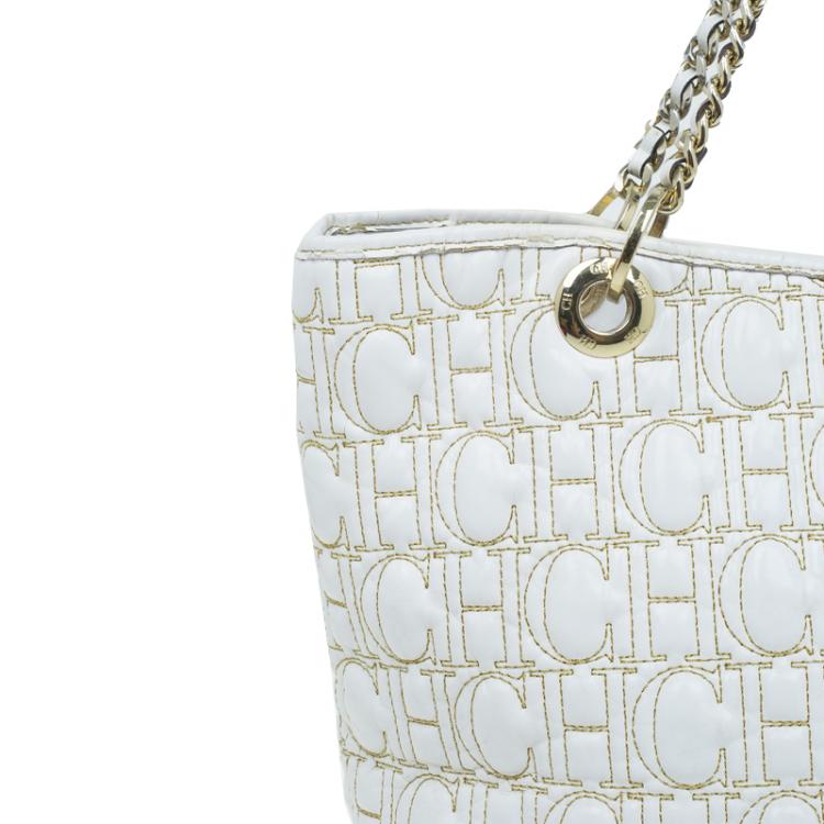 Pre Owned Carolina Herrera White Quilted Monogram Glazed Leather Large Tote