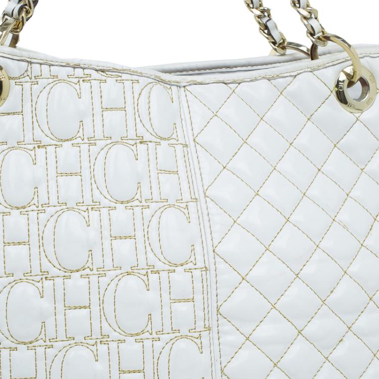 Pre Owned Carolina Herrera White Quilted Monogram Glazed Leather Large Tote
