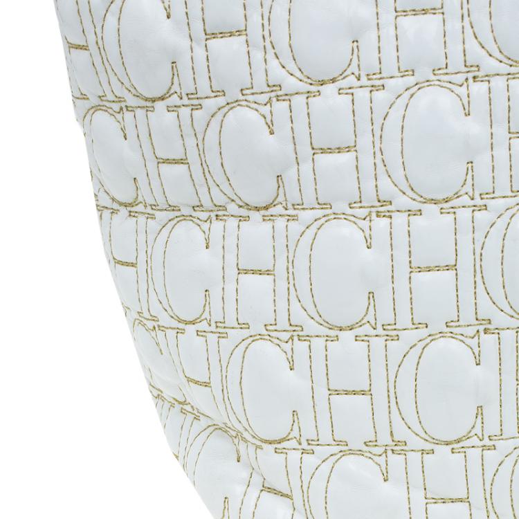 Pre Owned Carolina Herrera White Quilted Monogram Glazed Leather Large Tote
