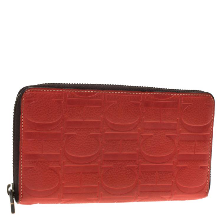 Pre Owned Carolina Herrera Red Monogram Leather Zip Around Wallet 