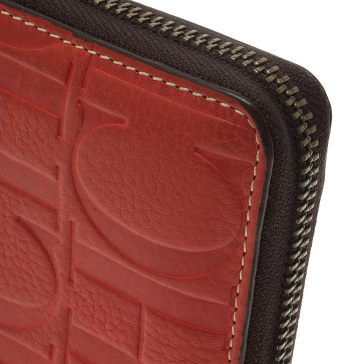 Pre Owned Carolina Herrera Red Monogram Leather Zip Around Wallet 