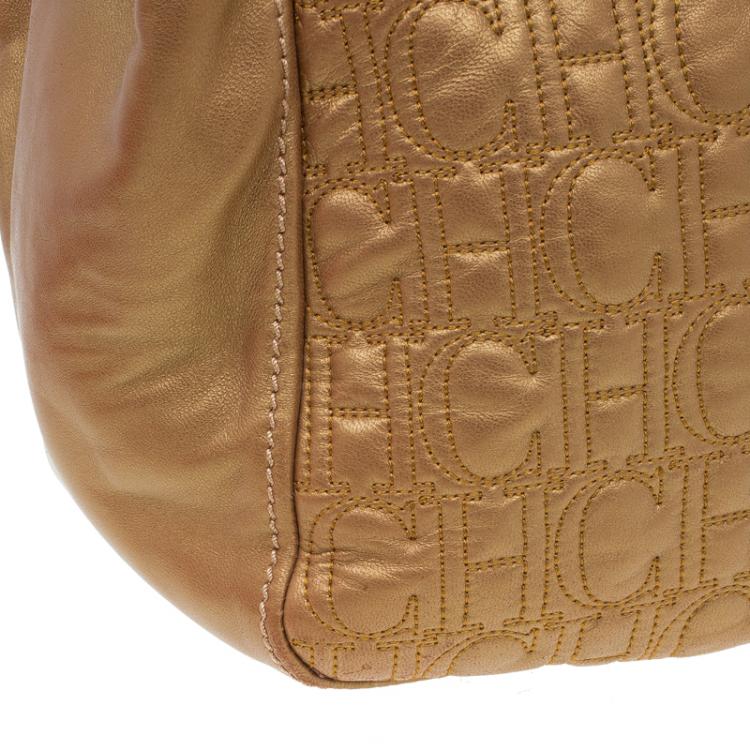 Pre Owned Carolina Herrera Gold Monogram Leather Shoulder Bag