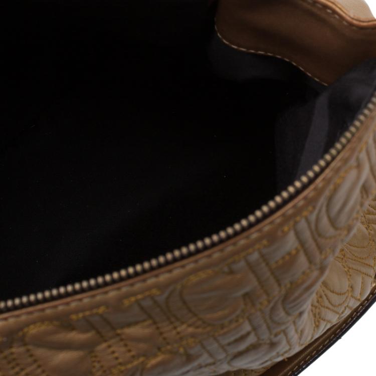 Pre Owned Carolina Herrera Gold Monogram Leather Shoulder Bag