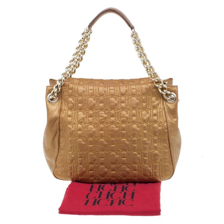 Pre Owned Carolina Herrera Gold Monogram Leather Shoulder Bag