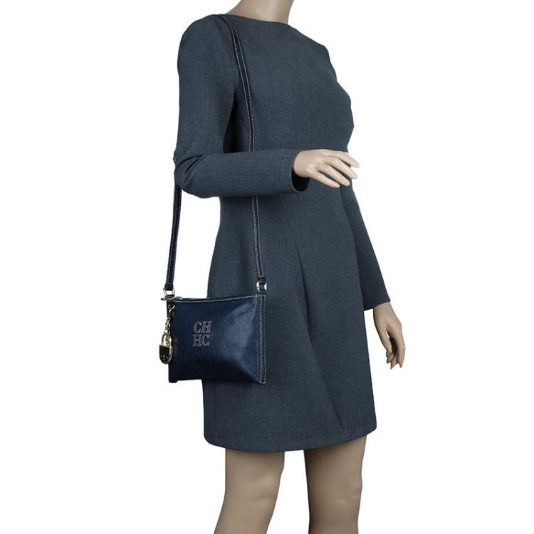 Pre Owned Carolina Herrera Navy Blue Leather Logo CH Crossbody Bag