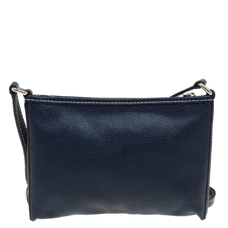 Pre Owned Carolina Herrera Navy Blue Leather Logo CH Crossbody Bag
