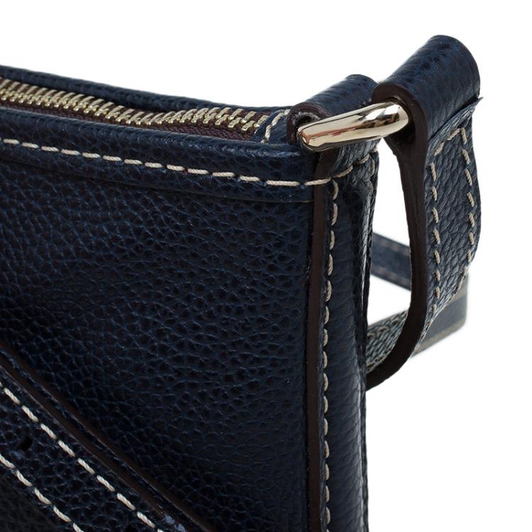 Pre Owned Carolina Herrera Navy Blue Leather Logo CH Crossbody Bag