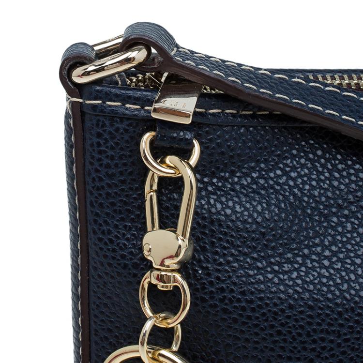 Pre Owned Carolina Herrera Navy Blue Leather Logo CH Crossbody Bag