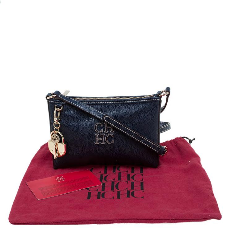 Pre Owned Carolina Herrera Navy Blue Leather Logo CH Crossbody Bag