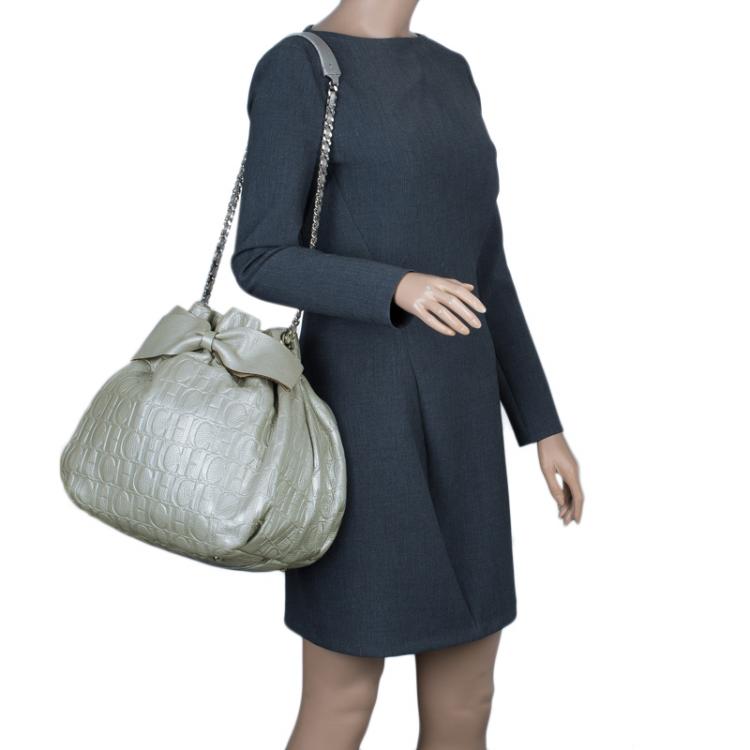 Pre Owned Carolina Herrera Silver Embossed Leather Bow Bucket Shoulder Bag