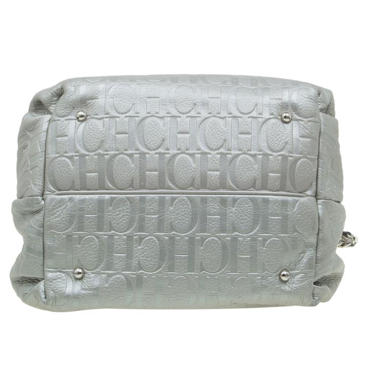 Pre Owned Carolina Herrera Silver Embossed Leather Bow Bucket Shoulder Bag
