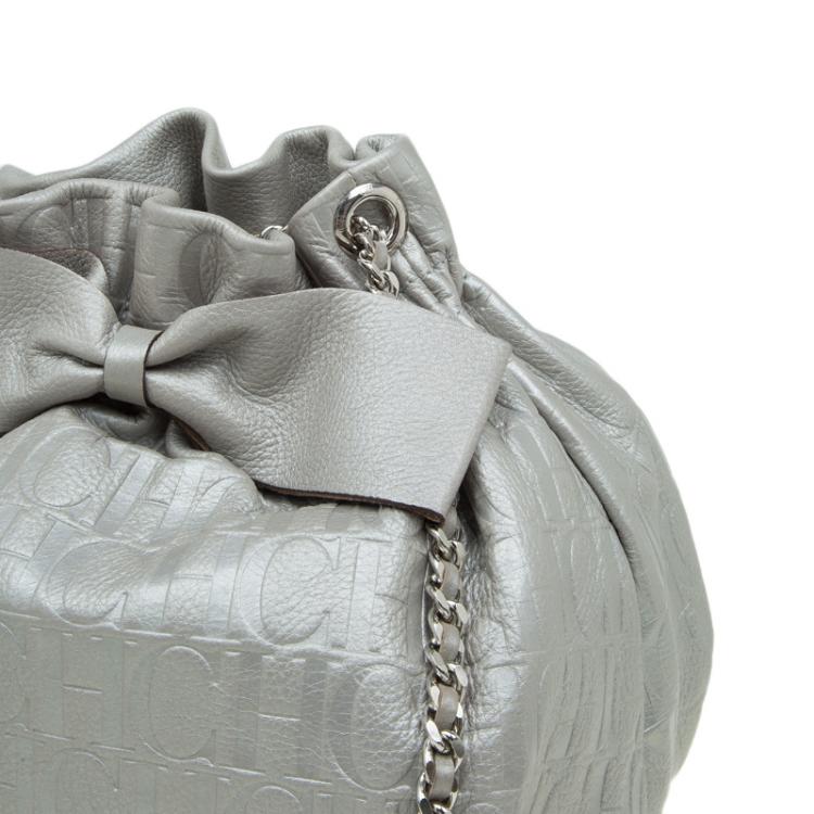 Pre Owned Carolina Herrera Silver Embossed Leather Bow Bucket Shoulder Bag
