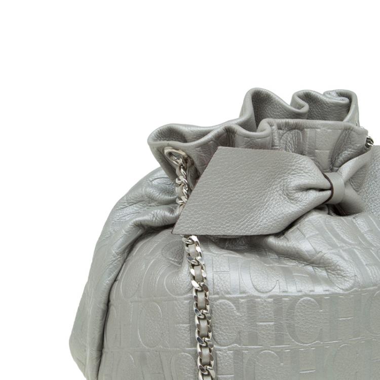Pre Owned Carolina Herrera Silver Embossed Leather Bow Bucket Shoulder Bag