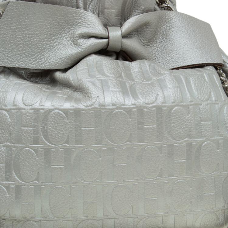 Pre Owned Carolina Herrera Silver Embossed Leather Bow Bucket Shoulder Bag