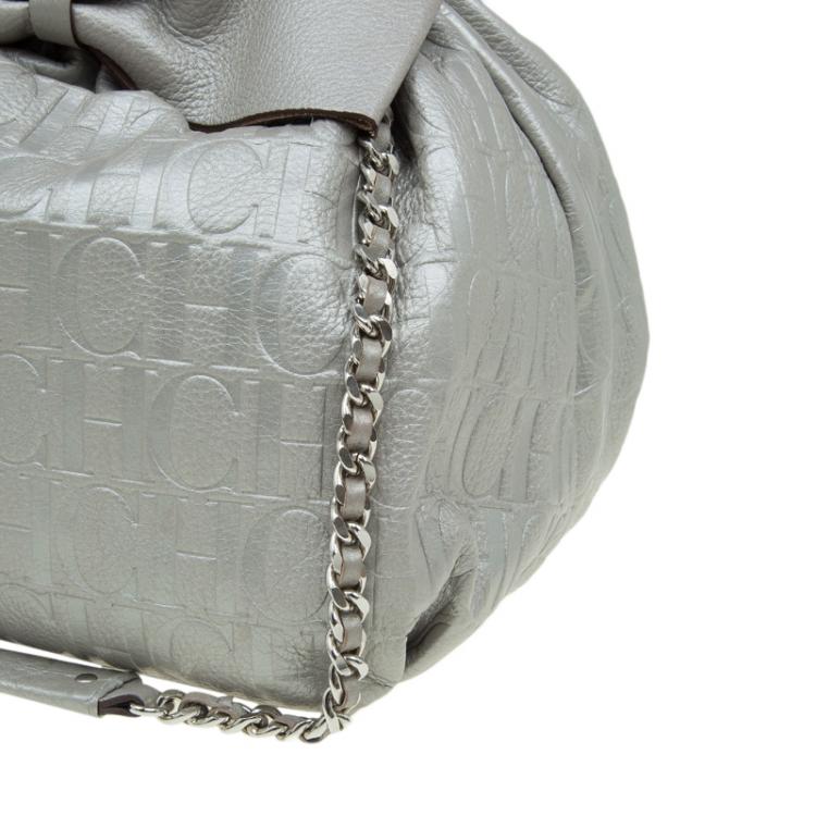 Pre Owned Carolina Herrera Silver Embossed Leather Bow Bucket Shoulder Bag