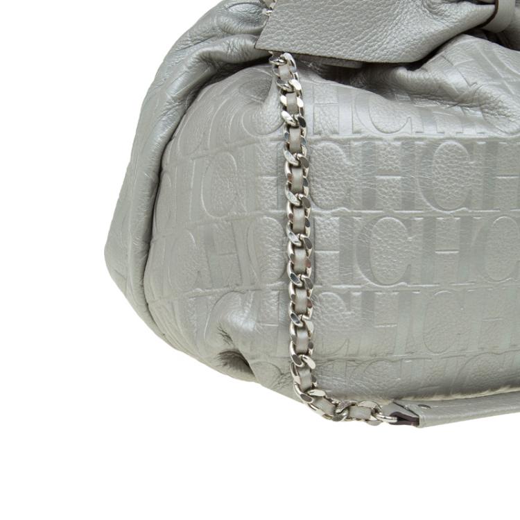 Pre Owned Carolina Herrera Silver Embossed Leather Bow Bucket Shoulder Bag