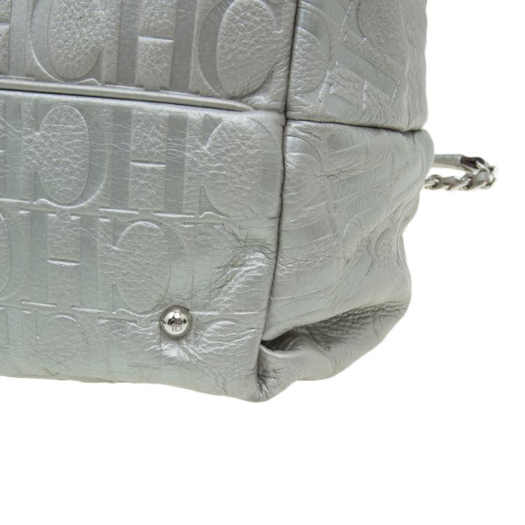 Pre Owned Carolina Herrera Silver Embossed Leather Bow Bucket Shoulder Bag