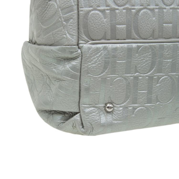 Pre Owned Carolina Herrera Silver Embossed Leather Bow Bucket Shoulder Bag
