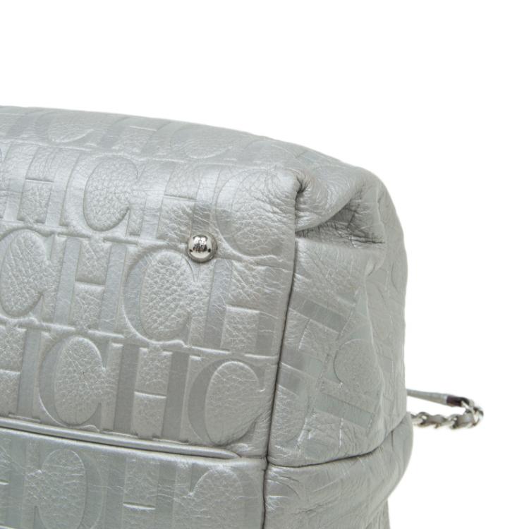 Pre Owned Carolina Herrera Silver Embossed Leather Bow Bucket Shoulder Bag