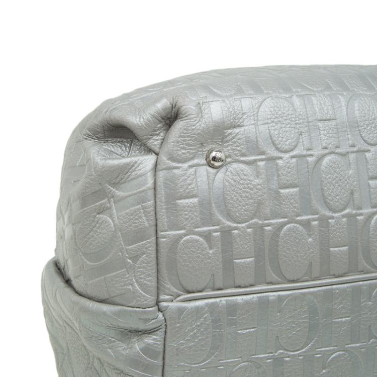 Pre Owned Carolina Herrera Silver Embossed Leather Bow Bucket Shoulder Bag