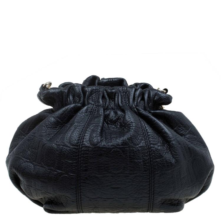 Pre Owned Carolina Herrera Black Monogram Leather Drawstring Shoulder Bag