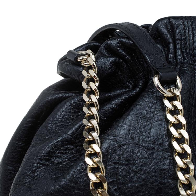 Pre Owned Carolina Herrera Black Monogram Leather Drawstring Shoulder Bag