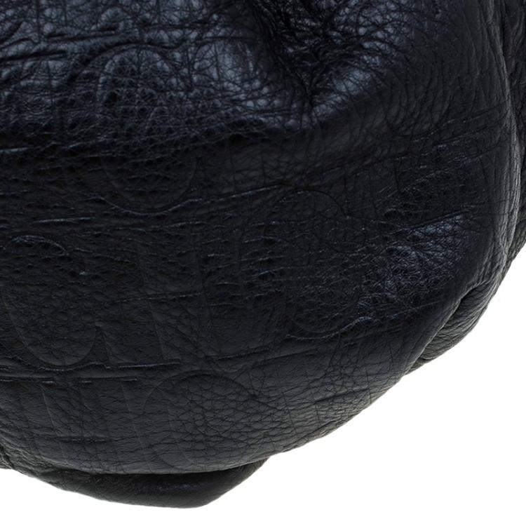 Pre Owned Carolina Herrera Black Monogram Leather Drawstring Shoulder Bag