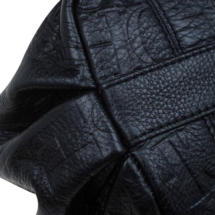 Pre Owned Carolina Herrera Black Monogram Leather Drawstring Shoulder Bag