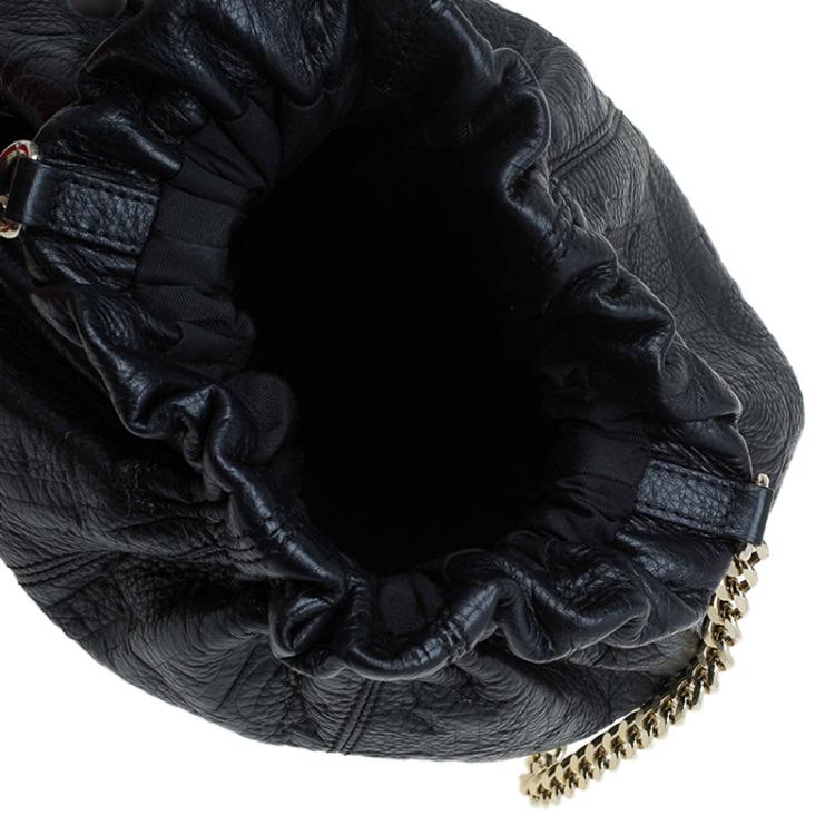 Pre Owned Carolina Herrera Black Monogram Leather Drawstring Shoulder Bag