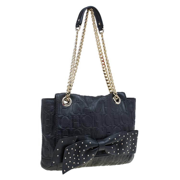 Pre Owned Carolina Herrera Black Monogram Leather Audrey Shoulder Bag