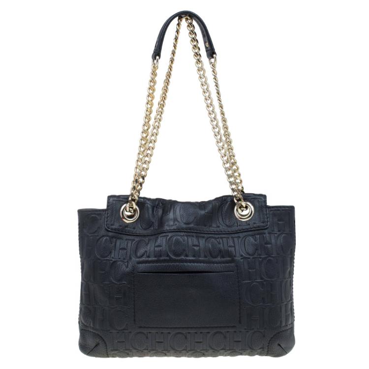 Pre Owned Carolina Herrera Black Monogram Leather Audrey Shoulder Bag