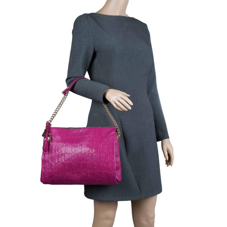 Pre Owned Carolina Herrera Fuschia Monogram Leather Hobo
