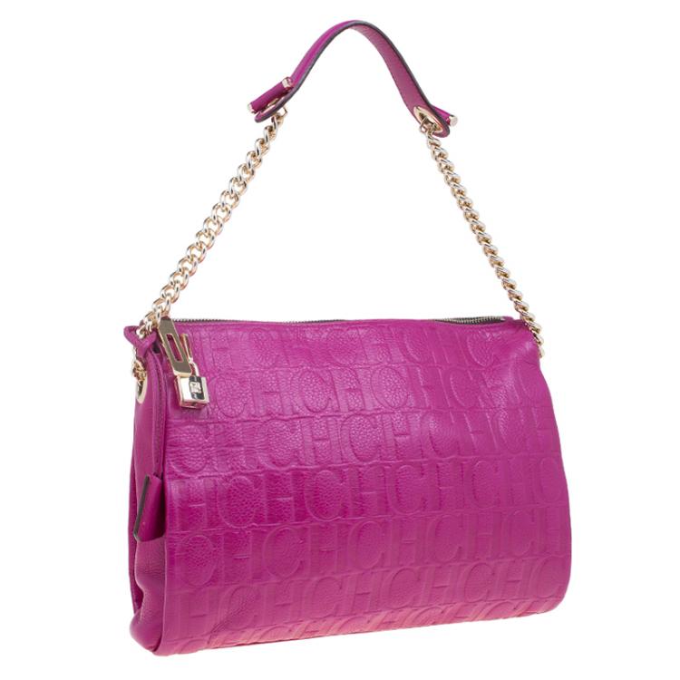 Pre Owned Carolina Herrera Fuschia Monogram Leather Hobo