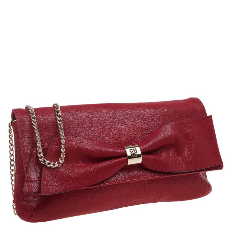 Pre Owned Carolina Herrera Red Leather Bow Clutch Bag