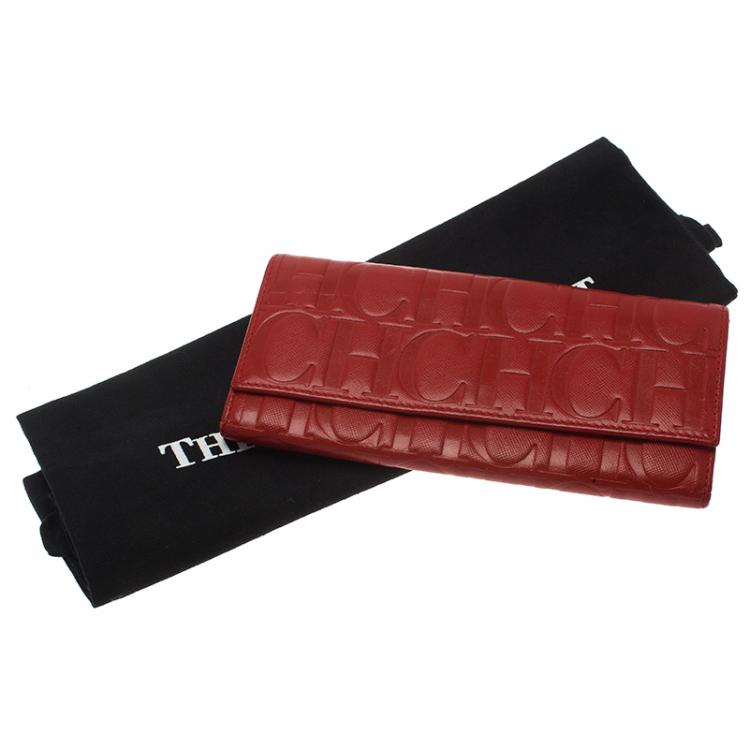 Pre Owned Carolina Herrera Red Monogram Leather Continental Wallet