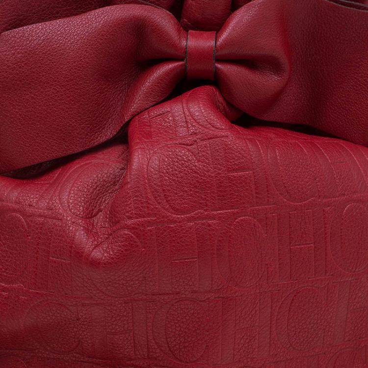 Pre Owned Carolina Herrera Red Embossed Leather Bow Bucket Shoulder Bag