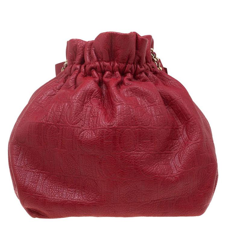 Pre Owned Carolina Herrera Red Embossed Leather Bow Bucket Shoulder Bag