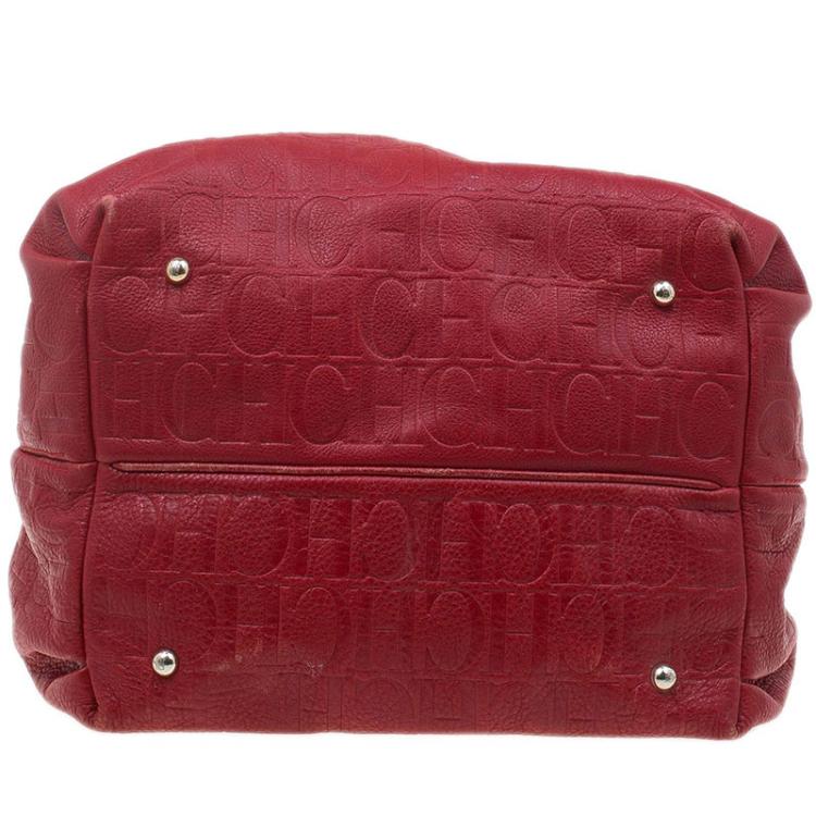 Pre Owned Carolina Herrera Red Embossed Leather Bow Bucket Shoulder Bag