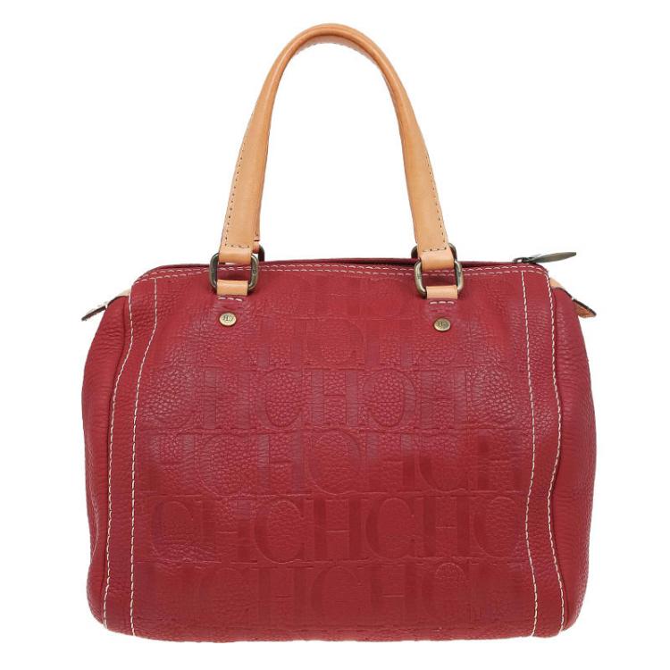 Pre Owned Carolina Herrera Red Monogram Leather Andy Boston Bag