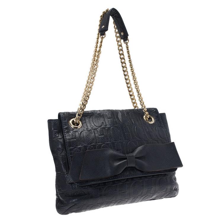 Pre Owned Carolina Herrera Black Monogram Leather Audrey Shoulder Bag