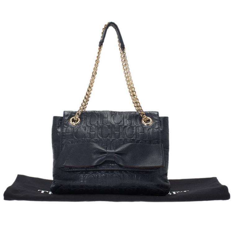 Pre Owned Carolina Herrera Black Monogram Leather Audrey Shoulder Bag